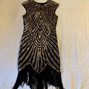 Black and Gold Beaded Fringe Midi Dress